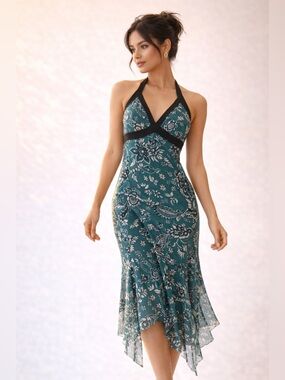 Vintage Y2K Midi dress Halter Babydoll Fairy Floral Hankerchief hem Blue Black L